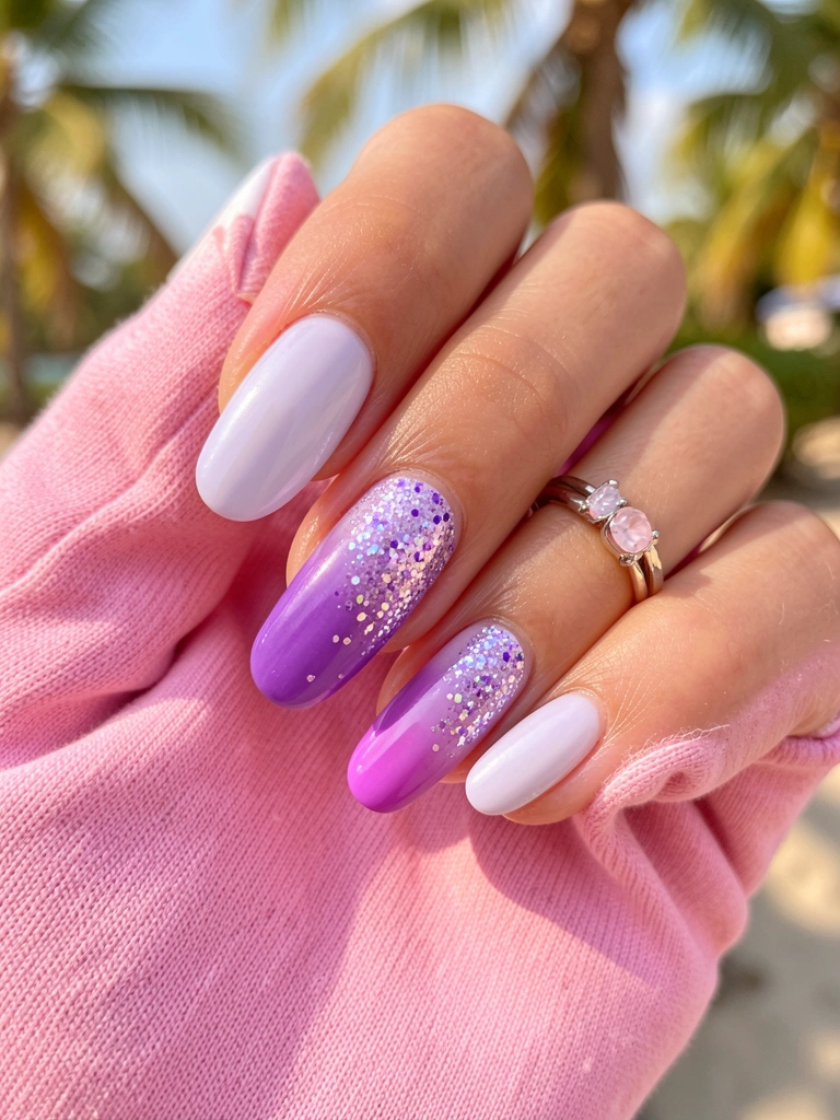 Mão com luva rosa exibe unha com degrade de lavanda a roxo, glitter e anel de três pedras com gema rosa claro, luz natural suave.