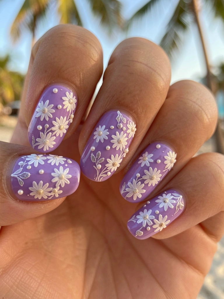 Close-up de unhas lavanda com margaridas brancas e pérolas minúsculas, luz natural suave e fundo levemente desfocado.