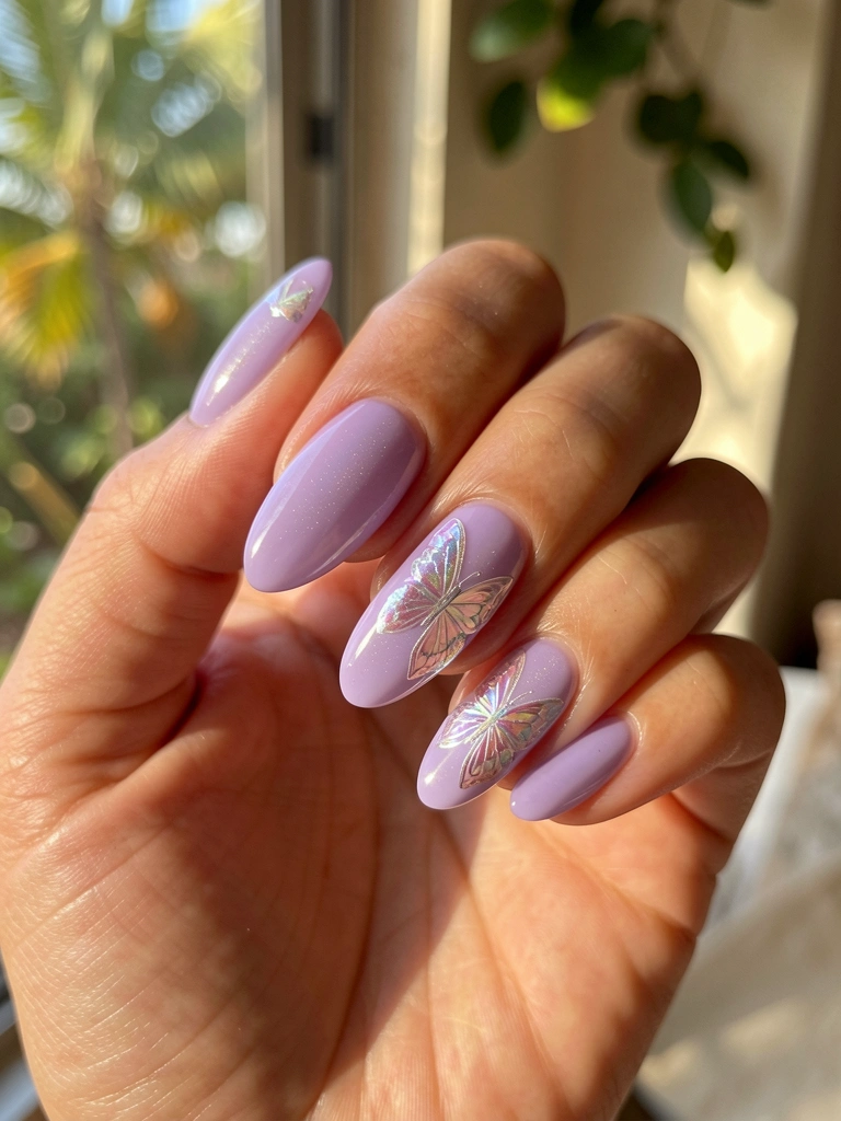 Mão com unhas em gel lavanda, formato oval, detalhes iridescentes de borboleta na ponta, luz natural suave e fundo desfocado.