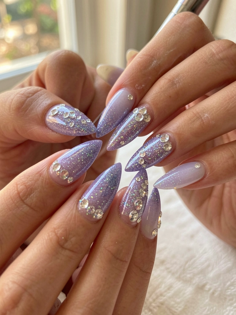 Mãos aplicando gel roxo e azul cintilante em unhas amendoadas com glitter e strass, luz natural suave destacando o brilho.