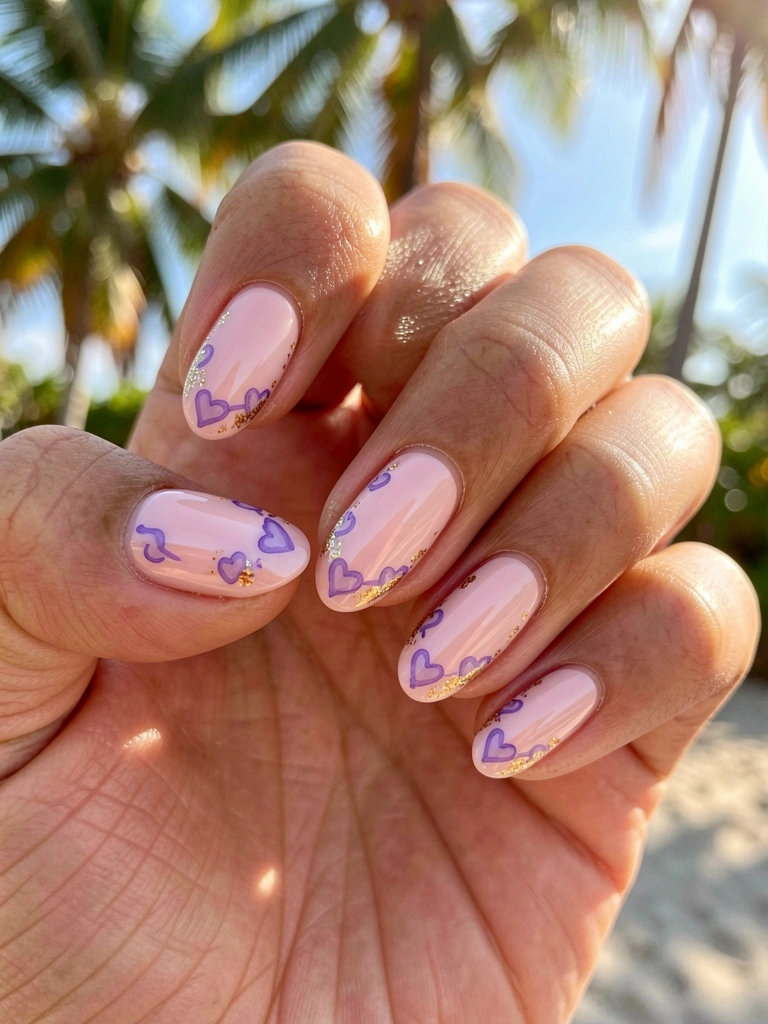 Mão com unhas ovais de base rosa claro, linhas roxas e corações dourados, luz natural de fundo desfocado.