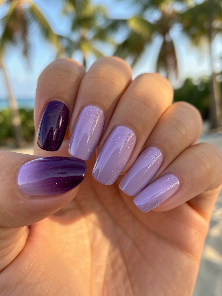 Quatro unhas com esmaltação degradê roxo a lavanda e glitter sutil, luz natural suave e fundo desfocado.
