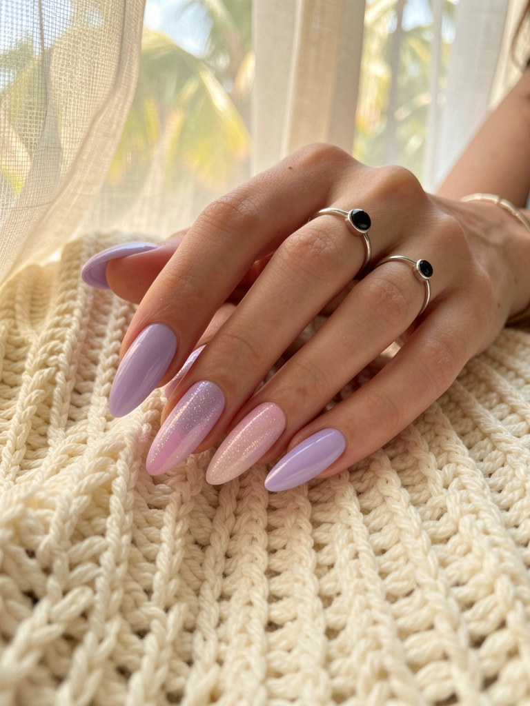 Unhas alongadas com esmalte lavanda e rosa pastel, anel prateado com pedra preta, mãos sobre tricô creme, luz natural filtrada ao fundo.