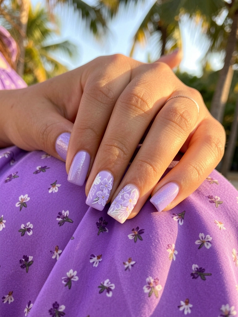 Mãos com unhas quadradas em esmalte lavanda e detalhes florais brancos sobre tecido roxo com estampa miúda, luz natural suave.