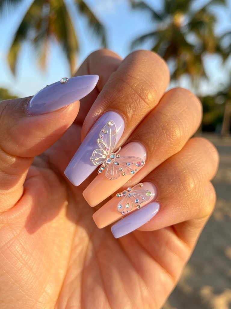 Close-up de unha acrílica longa estilo coffin com gradiente lavanda e pêssego, borboleta translúcida e strass iridescentes sob luz natural suave.