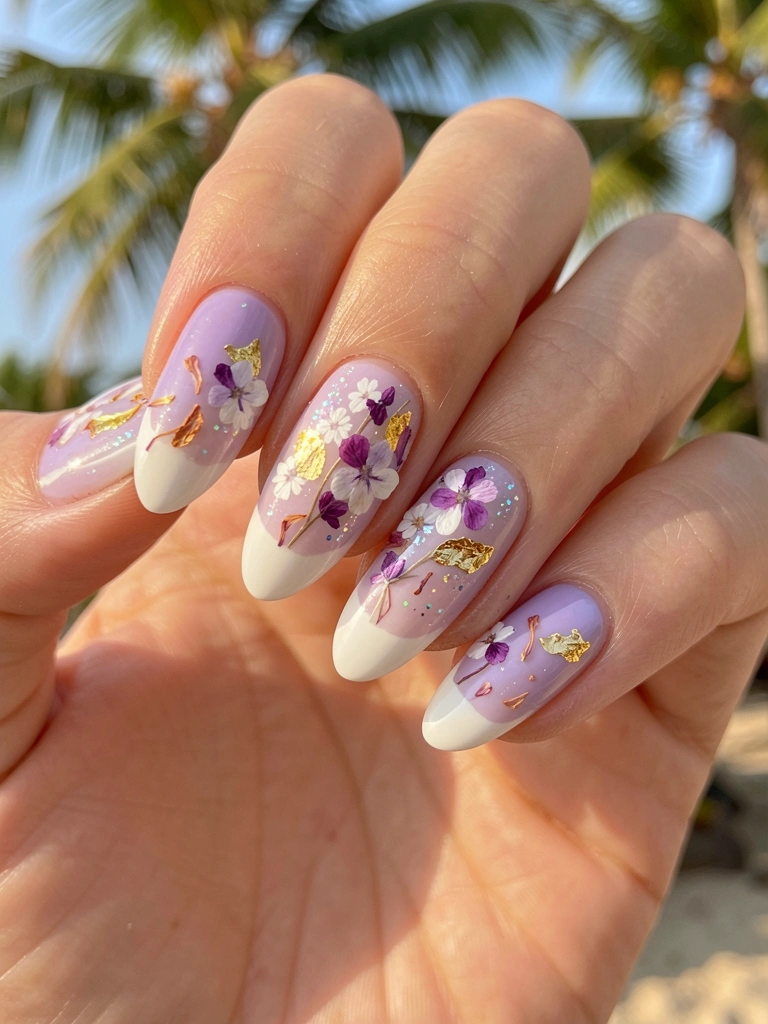 Unhas com esmalte lavanda, pontas brancas e florais delicados, decoradas com pétalas secas e folha de ouro, luz natural suave.
