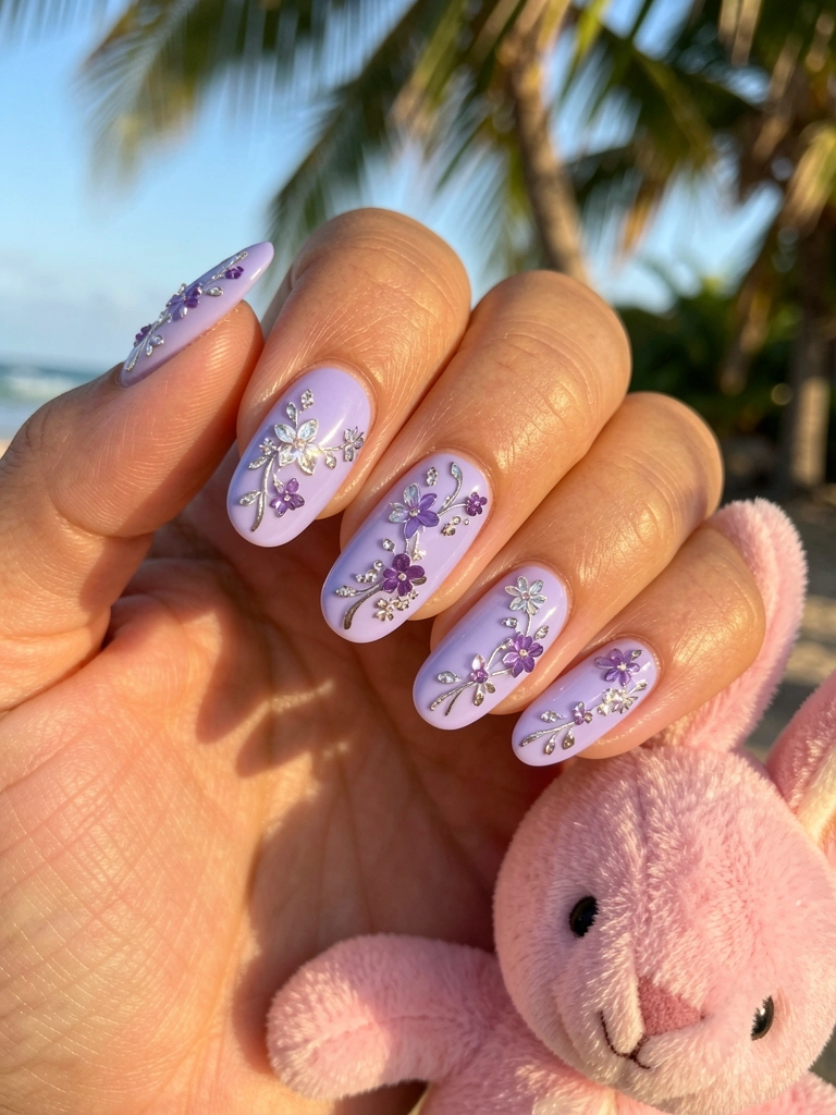 Mão com unhas lavanda decoradas com florais prateados e cristais, pelúcia rosa ao lado, luz natural.