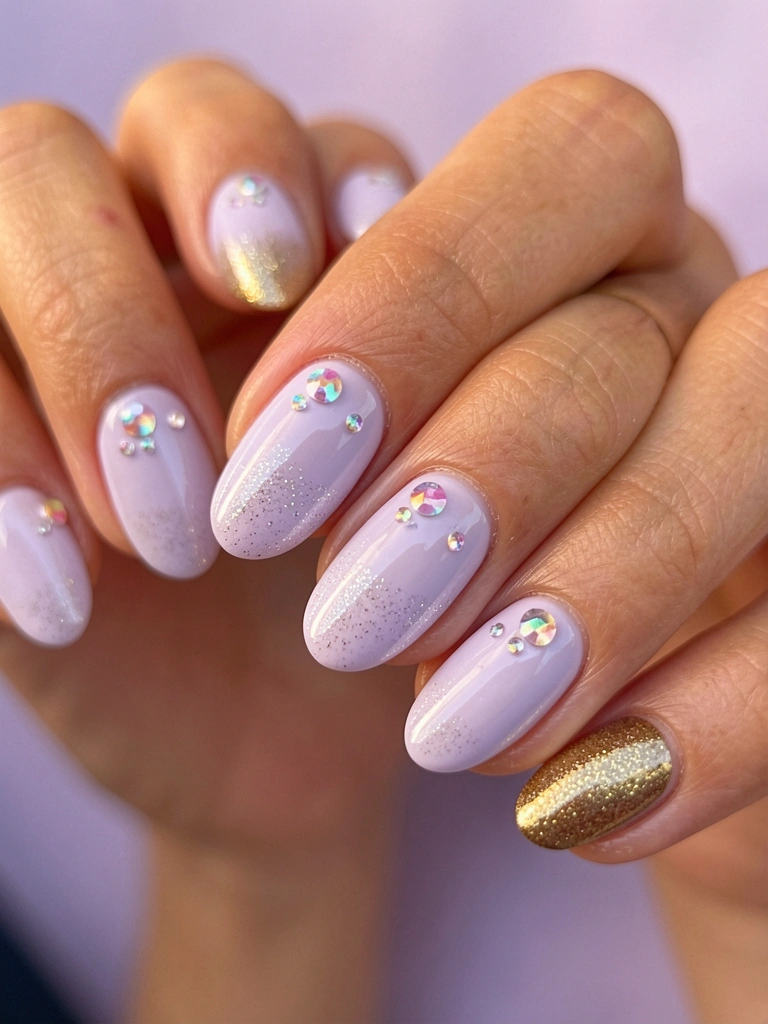 Close-up de unhas lavanda com glitter e strass iridescentes, uma unha dourada metálica, fundo lavanda desfocado e luz natural difusa.