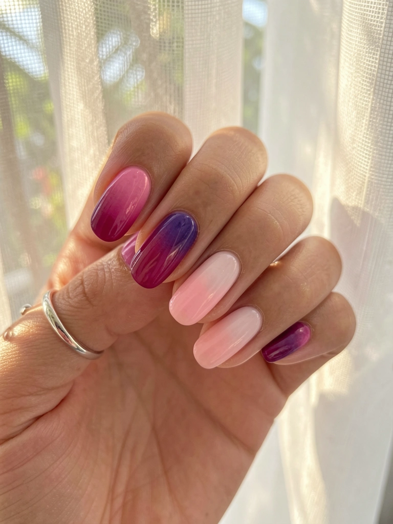 Unha oval curta com ombre gel roxo e rosa, anel prateado no dedo, luz natural filtrada por cortina ao fundo.