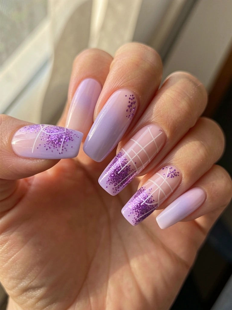 Close-up de mão com unhas longas em degradê lavanda e rosa claro, glitter roxo nas pontas e linhas brancas finas, luz natural suave.