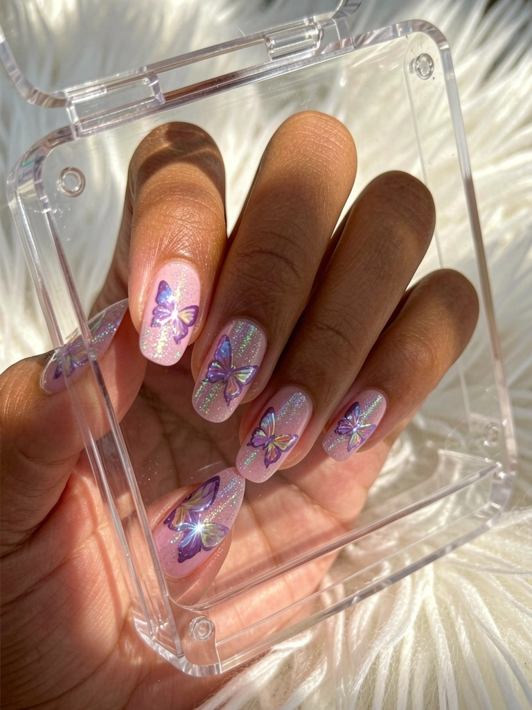 Close-up de mãos com unhas decoradas em gel rosa com borboletas roxas e holográficas, vitrine acrílica transparente, fundo branco felpudo e luz solar suave.