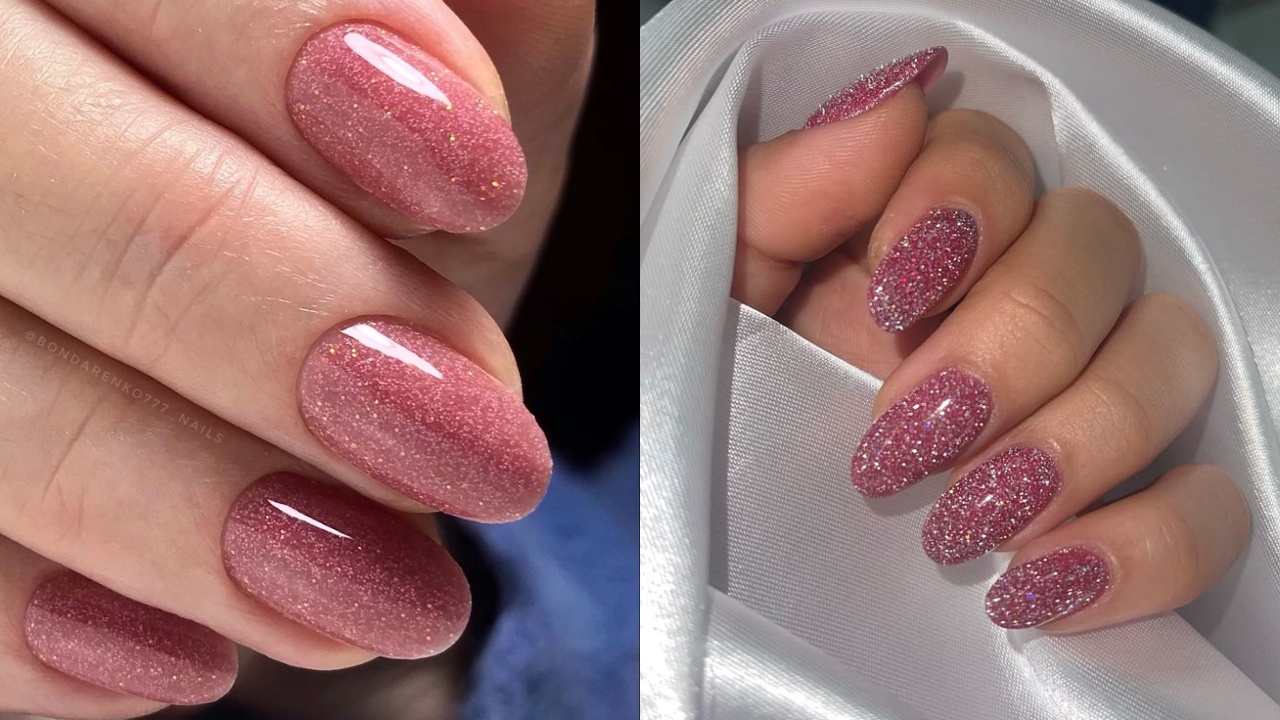 unha de gel rosa queimado com glitter