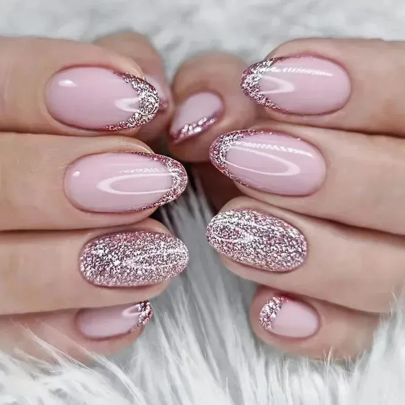 unha de gel com francesinha glitter rosa