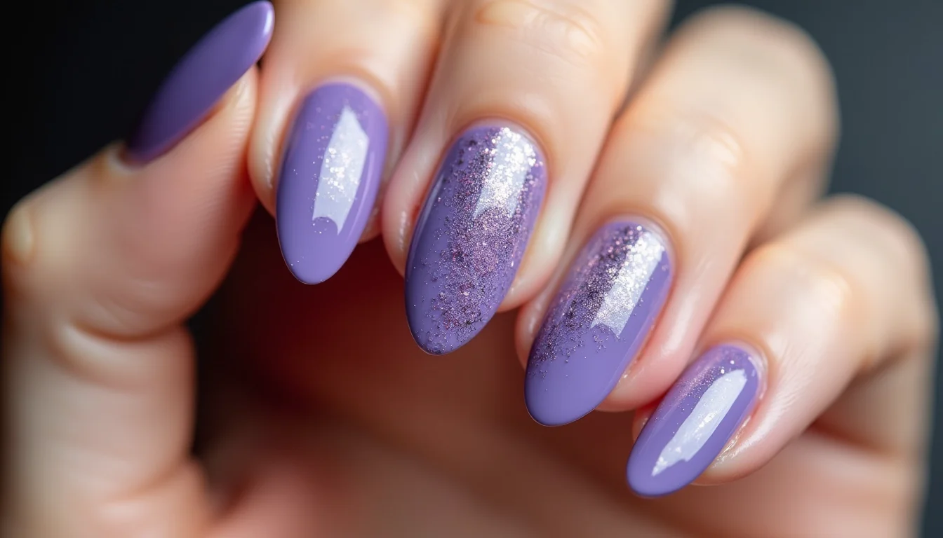 unha roxa com glitter para festas