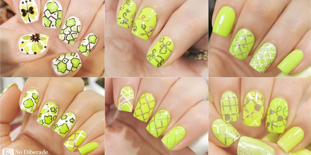 unha decorada verde e amarelo simples