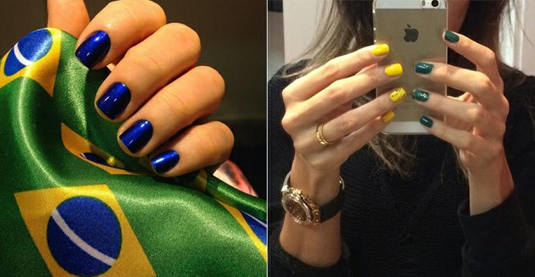 unha decorada verde e amarelo com glitter