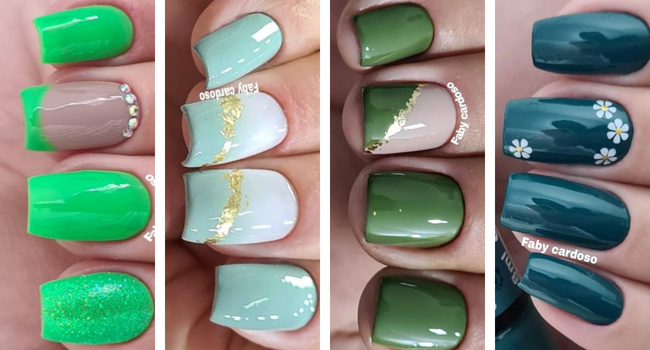 unha decorada verde e amarelo simples