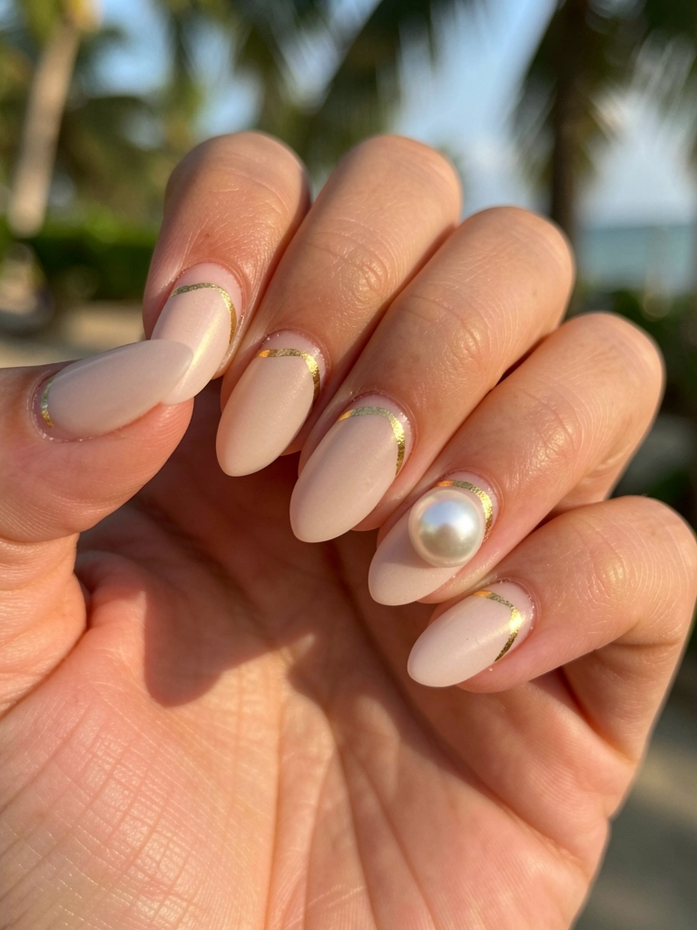 Mão nua com unhas ovais de acabamento fosco, detalhe em folha de ouro e pérola, luz natural suave sobre fundo desfocado tropical.
