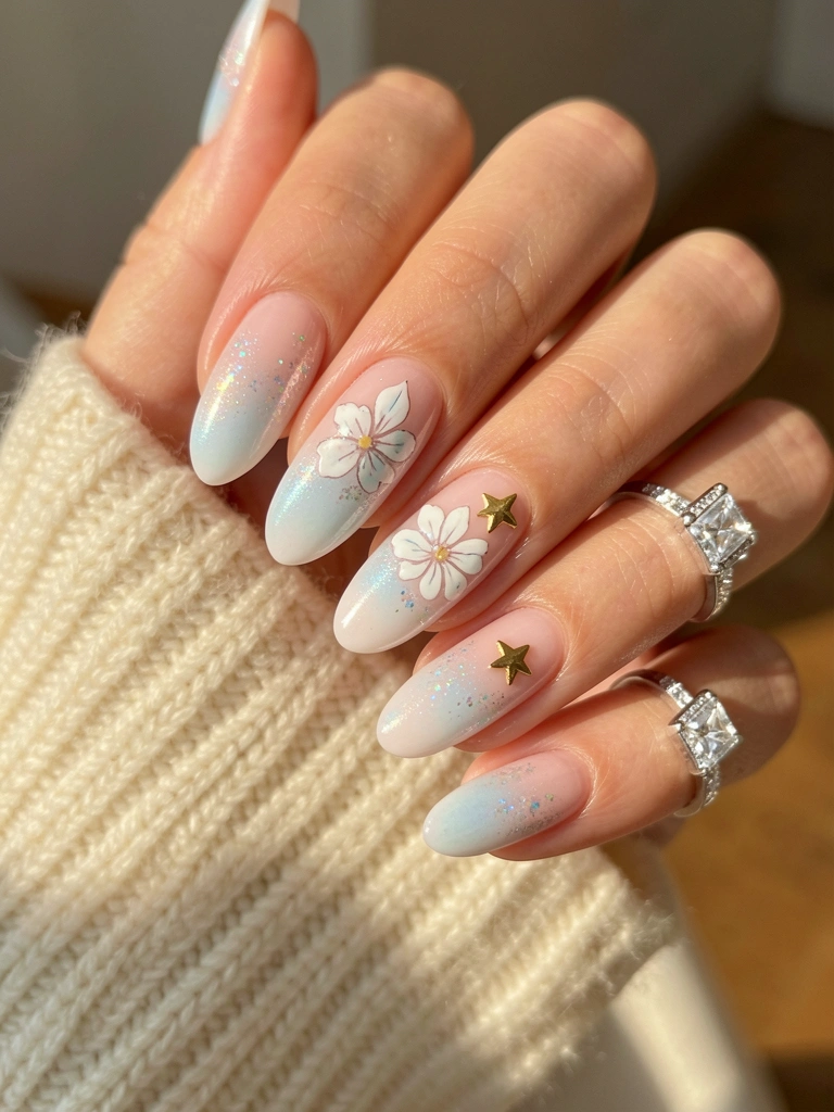 Mão feminina com unhas em degradê rosa e azul, flor branca, glitter e estrela dourada; anel de diamante quadrado; manga de tricô creme ao fundo; luz natural suave.