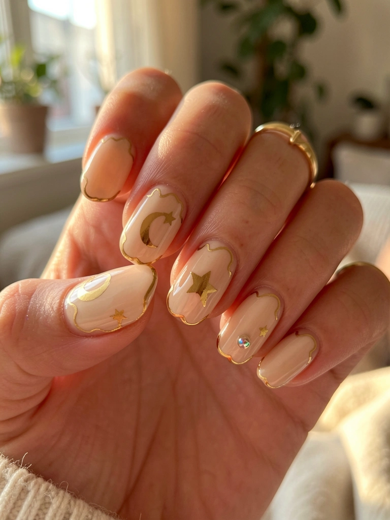 Mãos femininas exibindo unhas nude com detalhes dourados: ondas, lua, estrela e miçanga iridescente, anel delicado, luz natural suave.
