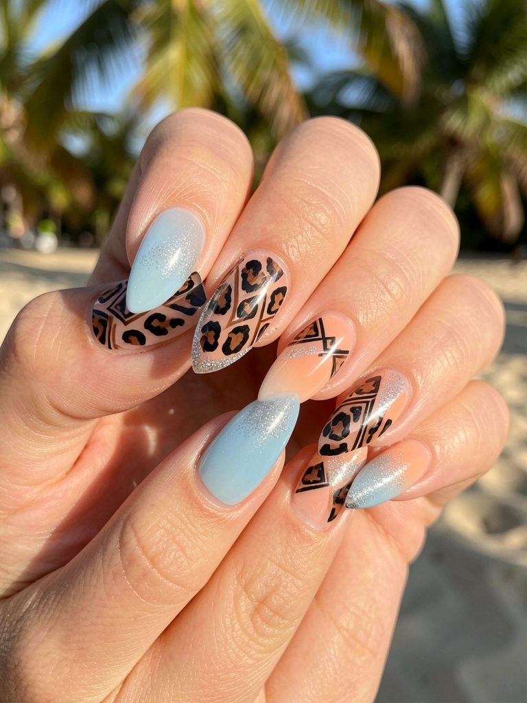 Mãos femininas com unhas decoradas em gel, gradiente de azul suave a pêssego, padrão geométrico preto e marrom estilo onça, glitter prateado e top coat brilhante, luz natural quente.