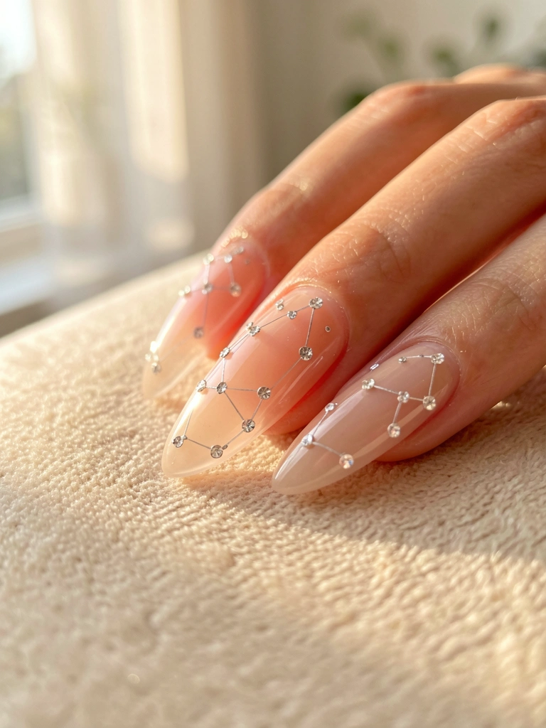 Unha oval alongada com esmalte nude e cristais em constelação sobre superfície bege, luz natural difusa.