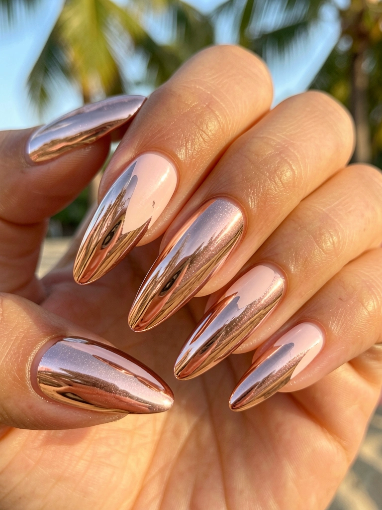 Close-up de mãos femininas com unhas longas em base rosa claro e esmalte cromado rosa ouro que reflete a luz como um espelho, luz natural quente e fundo desfocado.