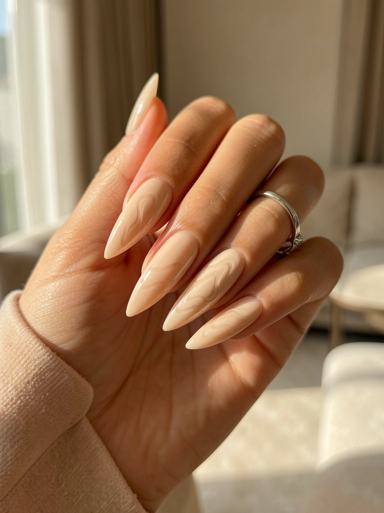 Close-up de mãos femininas com unhas nude alongadas e padrão ondulado sutil, anel prateado, luz natural difusa e fundo desfocado neutro.