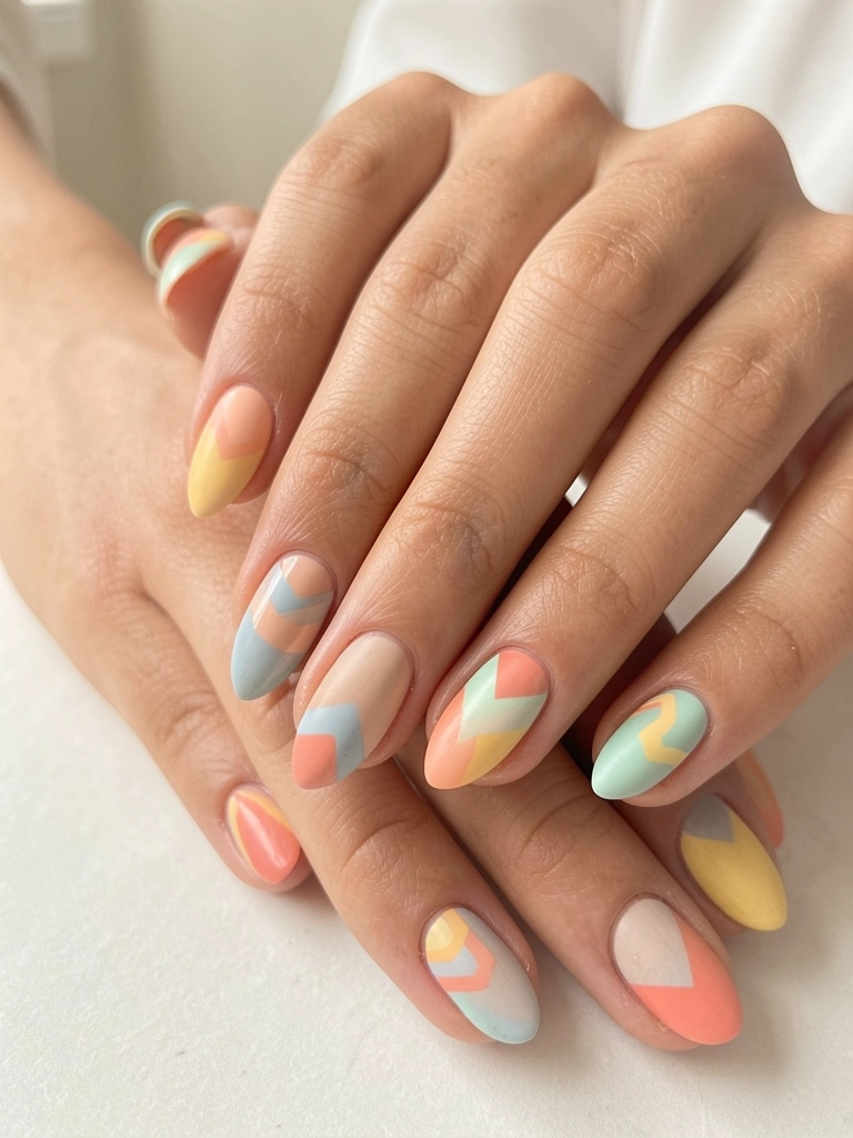 Mãos com unhas decoradas em gradiente pastel e formas geométricas, luz difusa sobre pele bege natural.