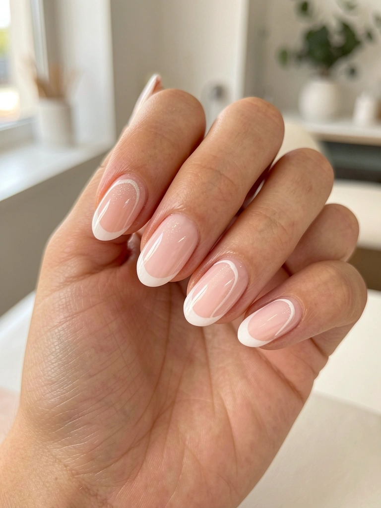 Mãos femininas com unhas ovais em esmalte rosa claro e branco, acabamento brilhante e cintilante, luz natural difusa e fundo desfocado.