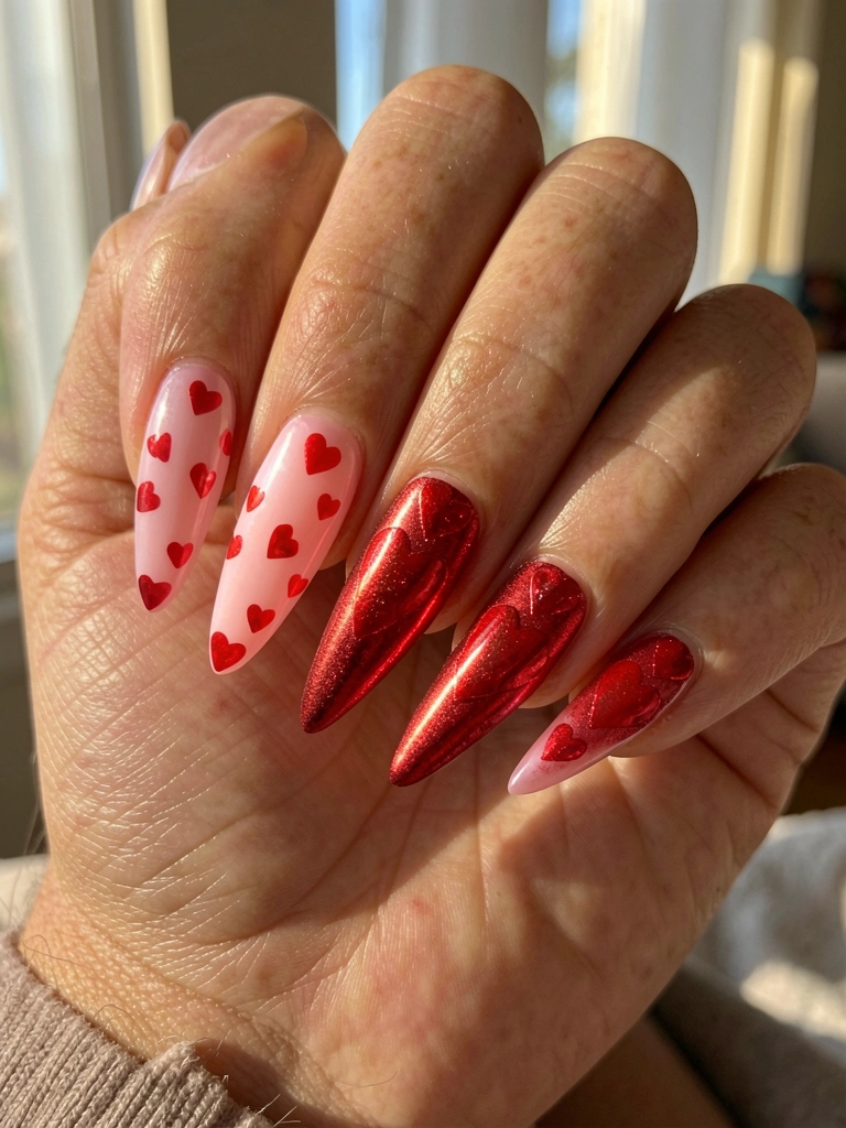 Mãos com unhas longas e pontiagudas exibindo gradiente de rosa suave a vermelho metálico com corações vermelhos, luz natural realçando o brilho do esmalte.