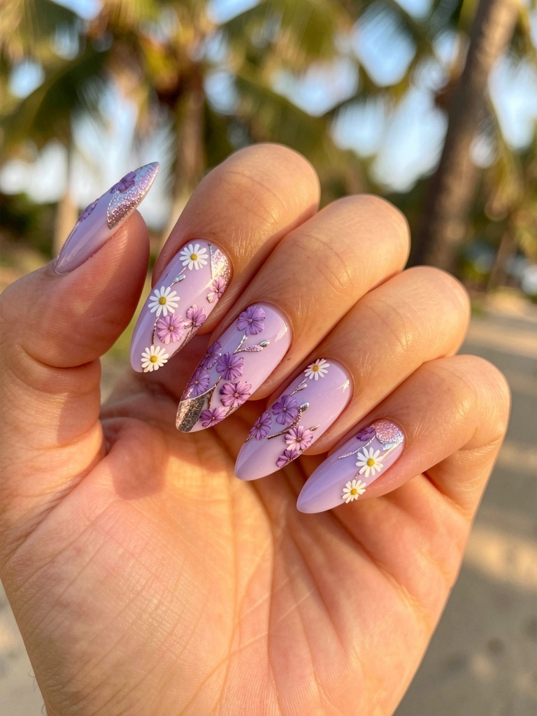 Mão feminina com unhas ovais lavanda adornadas com florais roxos e detalhes metálicos, margaridas brancas ao redor, luz natural suave e fundo desfocado com tons tropicais.