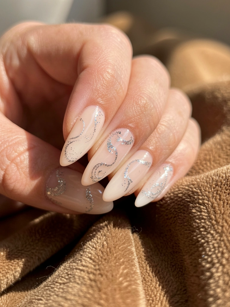 Mão com unhas em gel nude e glitter prateado sobre tecido marrom texturizado, luz natural suave e fundo desfocado.