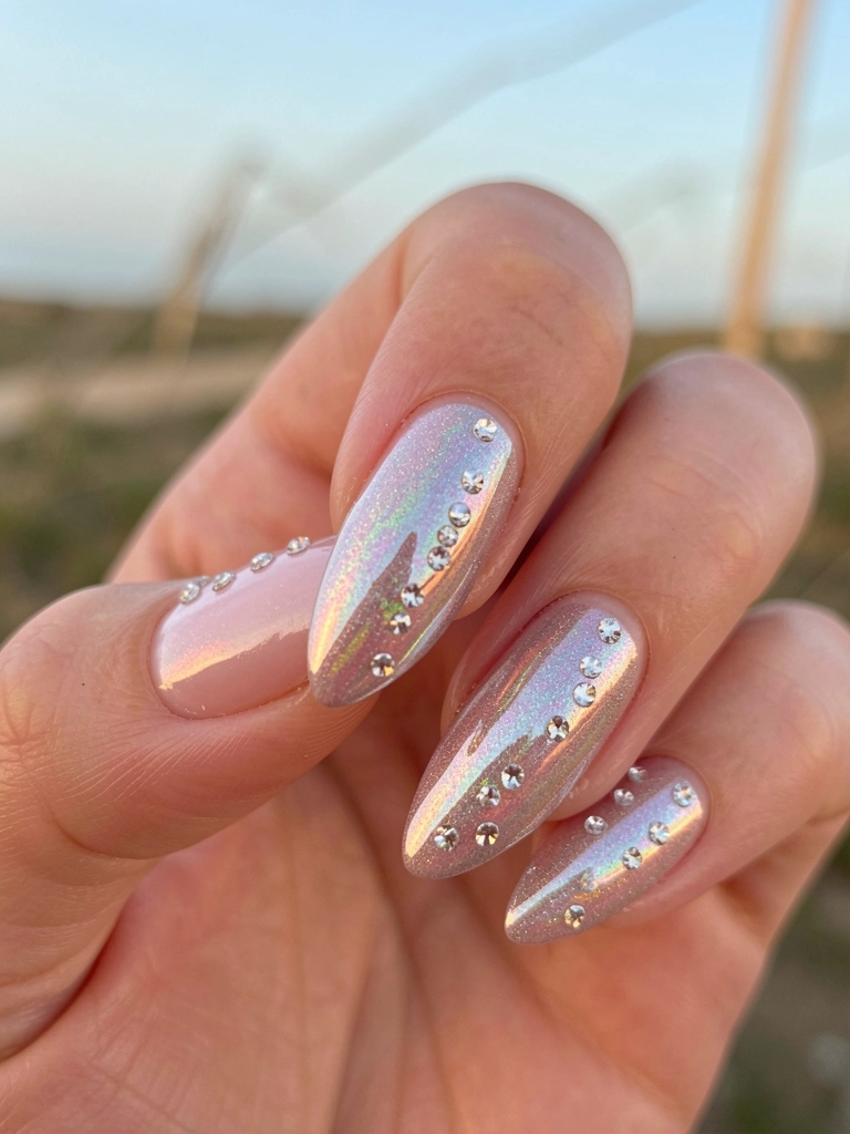Unha holográfica cromada com pedrarias brilhantes, luz natural suave e fundo desfocado.