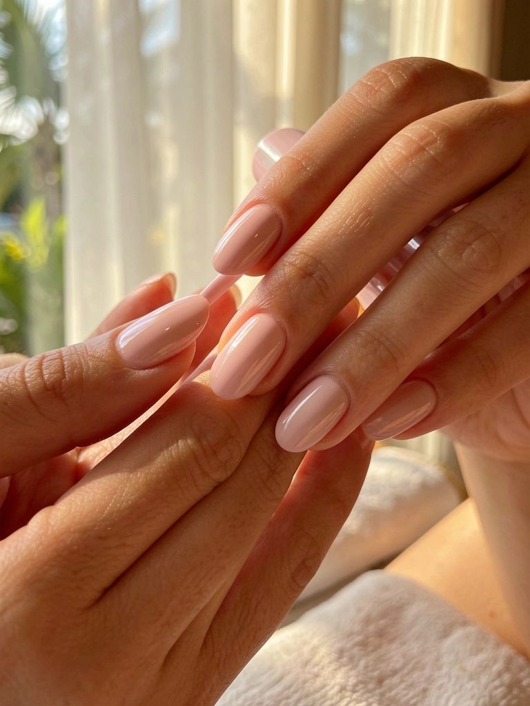 Mãos femininas aplicando esmalte rosa claro em unhas curtas e arredondadas, com acabamento brilhante e luz natural suave ao fundo desfocado.