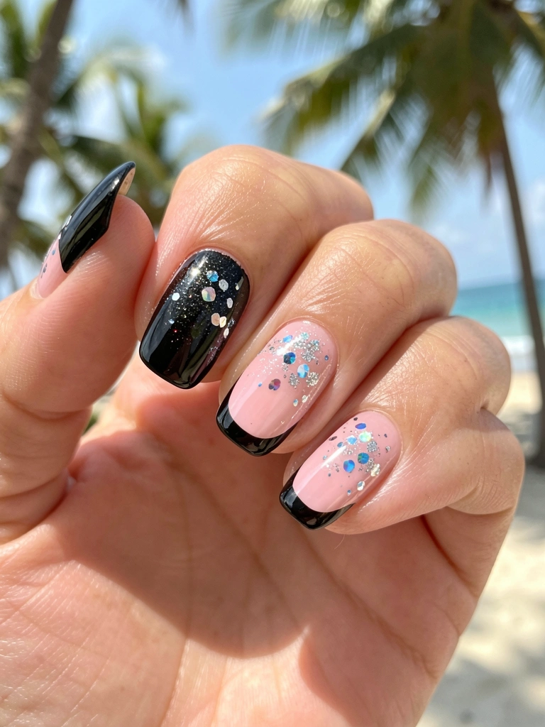 Mão com unhas em gel preto e rosa, glitter prateado e azul iridescente, ponta quadrada, luz natural de fundo.
