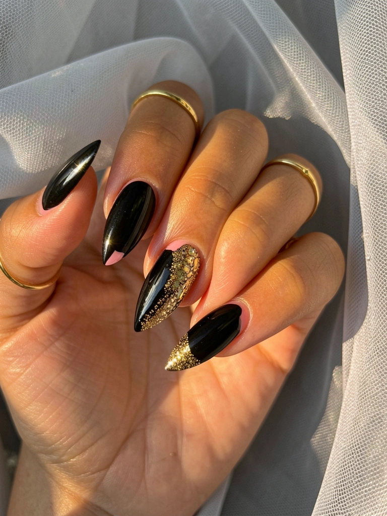 Mão com unhas pretas brilhantes e ponta com glitter dourado, anéis finos, fundo de tule cinza claro iluminado por luz natural.