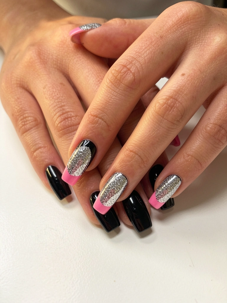 Close-up de mãos femininas com unhas longas retangulares, base preta, glitter prateado e ponta rosa, luz natural suave sobre superfície branca.