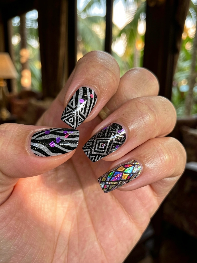 Close-up de mão com unhas decoradas em zebra print, glitter preto, flocos holográficos roxos e rosa, padrão asteca geométrico e efeito vitral, fundo desfocado com luz natural.
