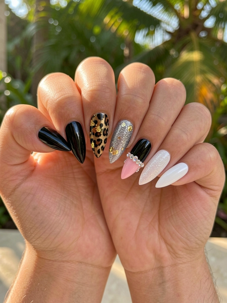 Mãos exibindo unhas em gel pretas com estampas de onça, flocos de ouro, glitter prateado, base rosa com cristais e unha branca com glitter sutil, iluminação natural.