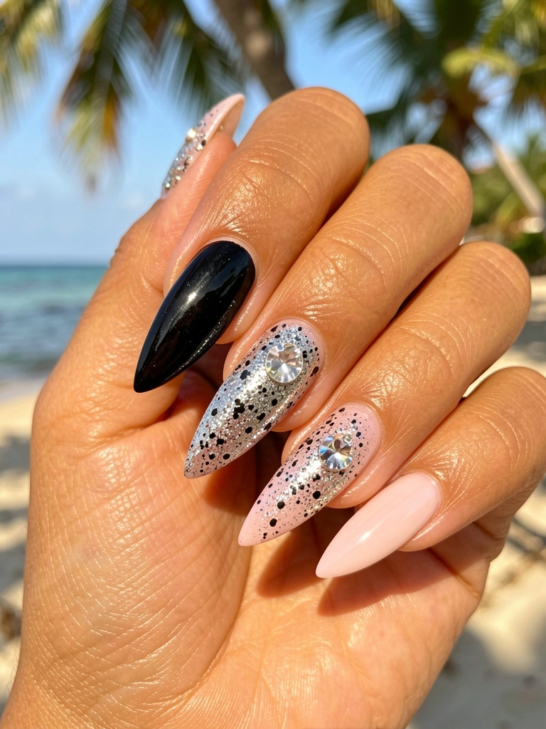 Mãos femininas com unhas stiletto: uma preta com glitter prateado e uma rosa claro com cristal brilhante, luz natural tropical e fundo desfocado.