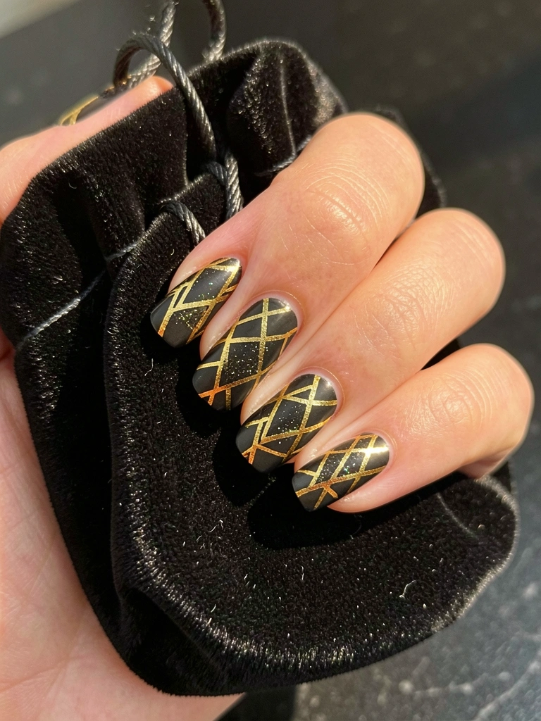 Close-up de mão com unhas pretas e linhas geométricas douradas, sobre bolsa de veludo preta, luz natural suave.