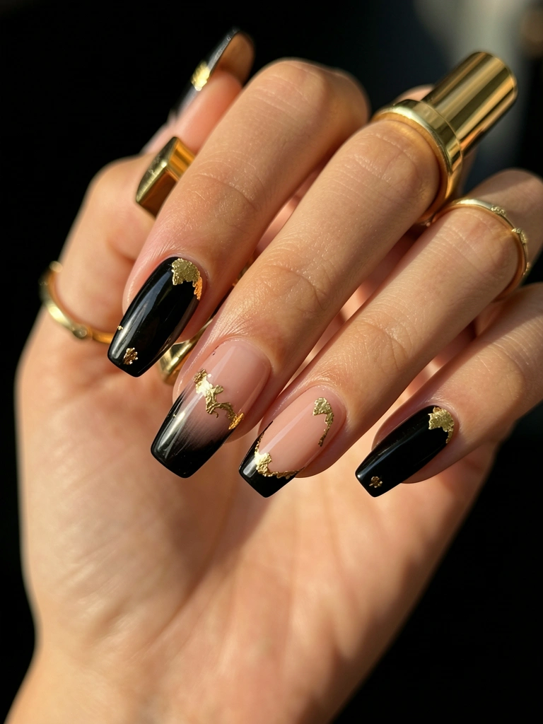 Unhas nude pink com pontas pretas e detalhes em folha de ouro, anel delicado e batom dourado sobre os dedos, luz natural suave.