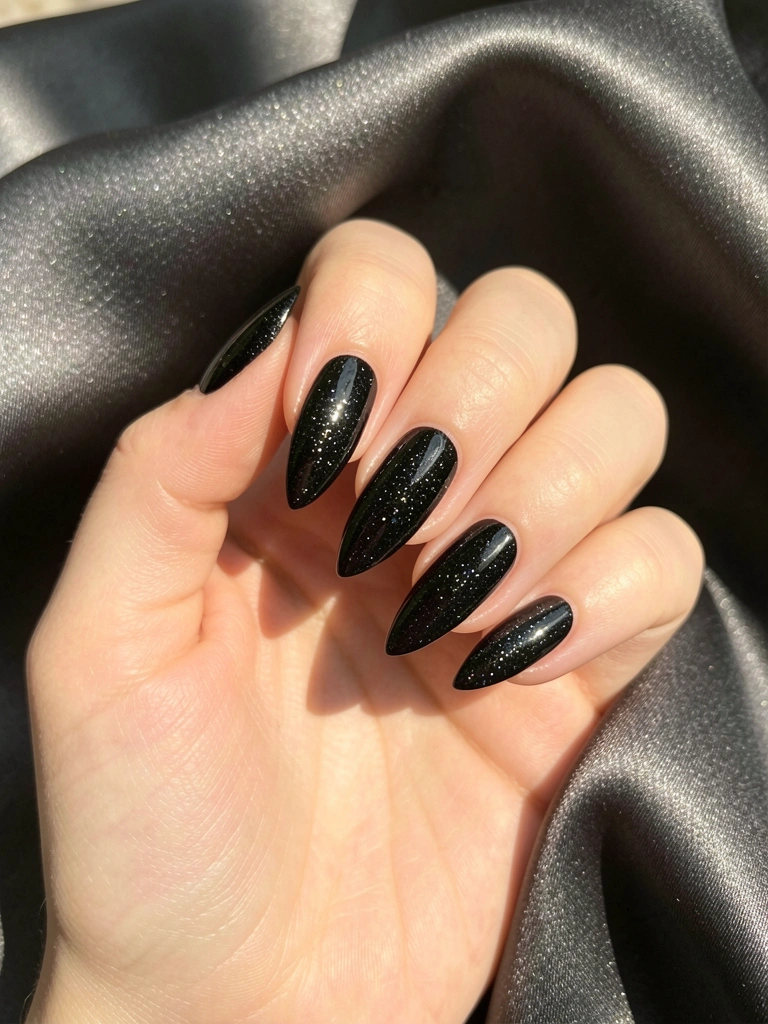 Mão feminina com unhas pretas brilhantes e glitter prateado sobre seda cinza escura, luz natural difusa.