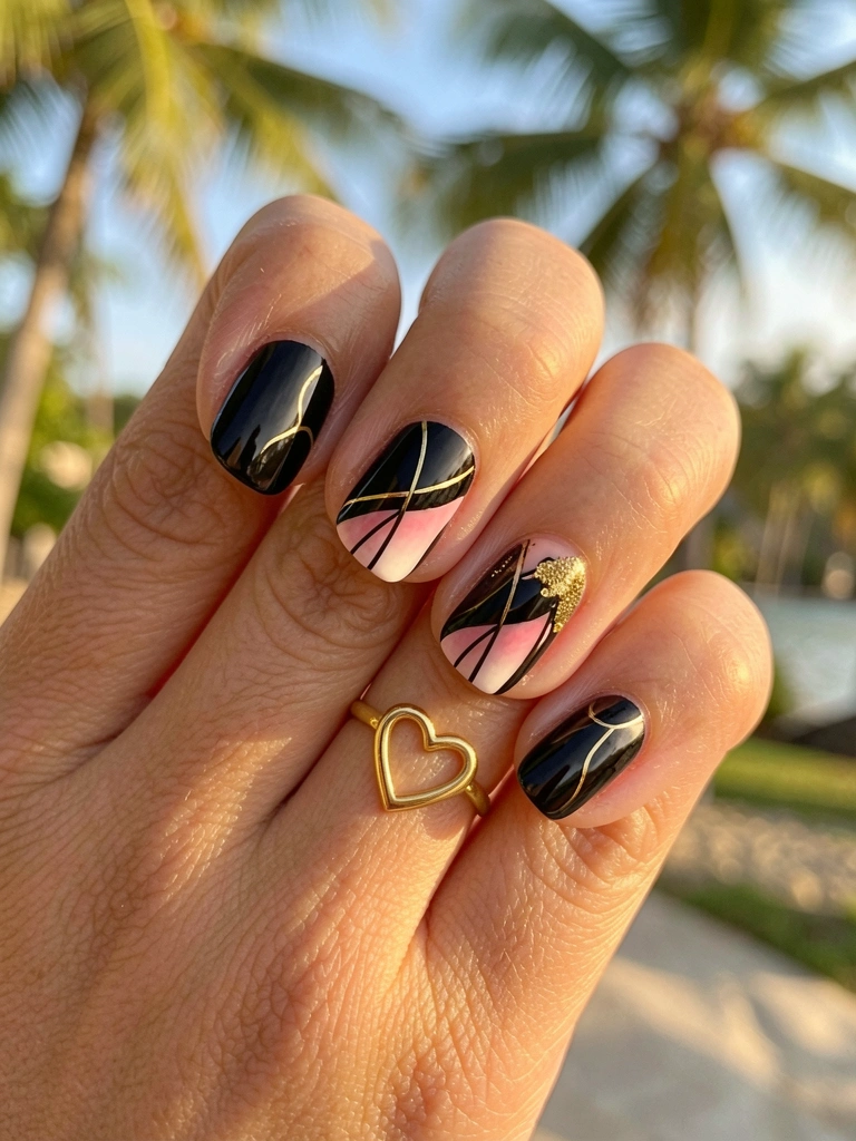 Close-up de mão com unhas pretas brilhantes, detalhe em linha preta e dourada, ombré rosa sutil e glitter dourado. Anel dourado em formato de coração no dedo anelar. Luz natural suave e fundo com folhagem tropical.
