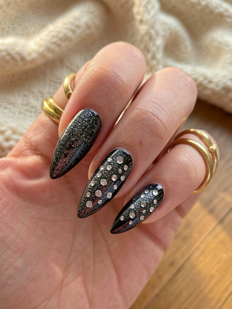 Unhas pretas em formato coffin com glitter cinza escuro e strass prateados, anéis dourados nos dedos, luz natural suave, fundo desfocado de manta e mesa de madeira.