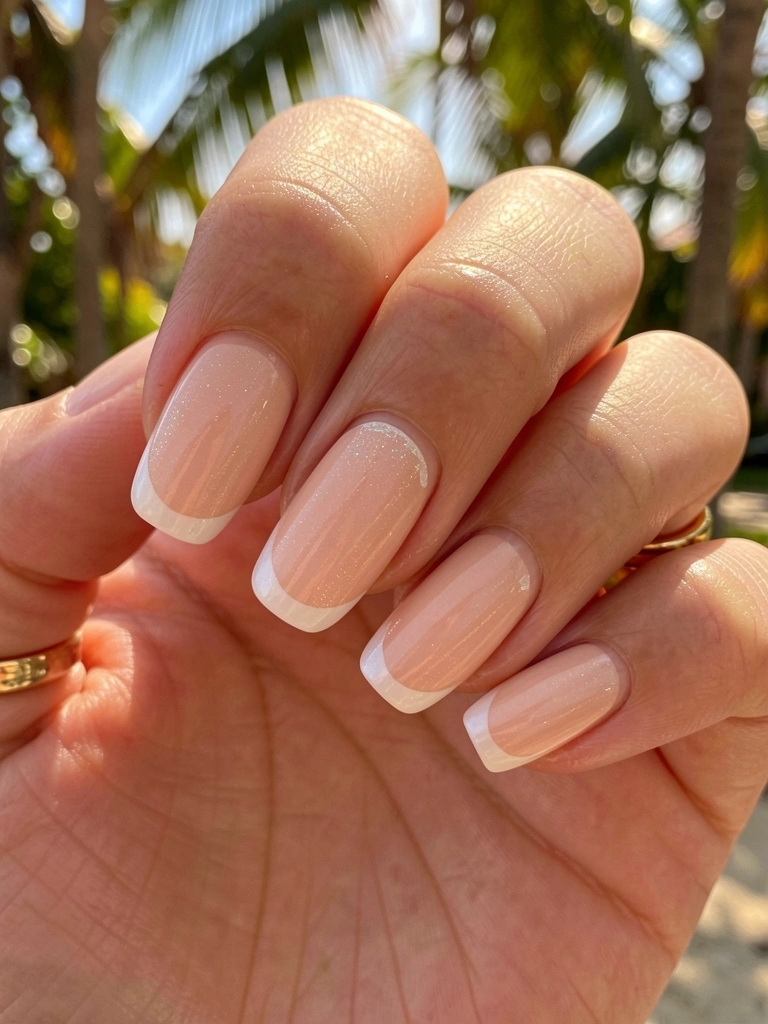 Unhas com micro francesinha em esmalte pêssego claro cintilante, ponta branca precisa, anel de ouro delicado, luz natural filtrada.