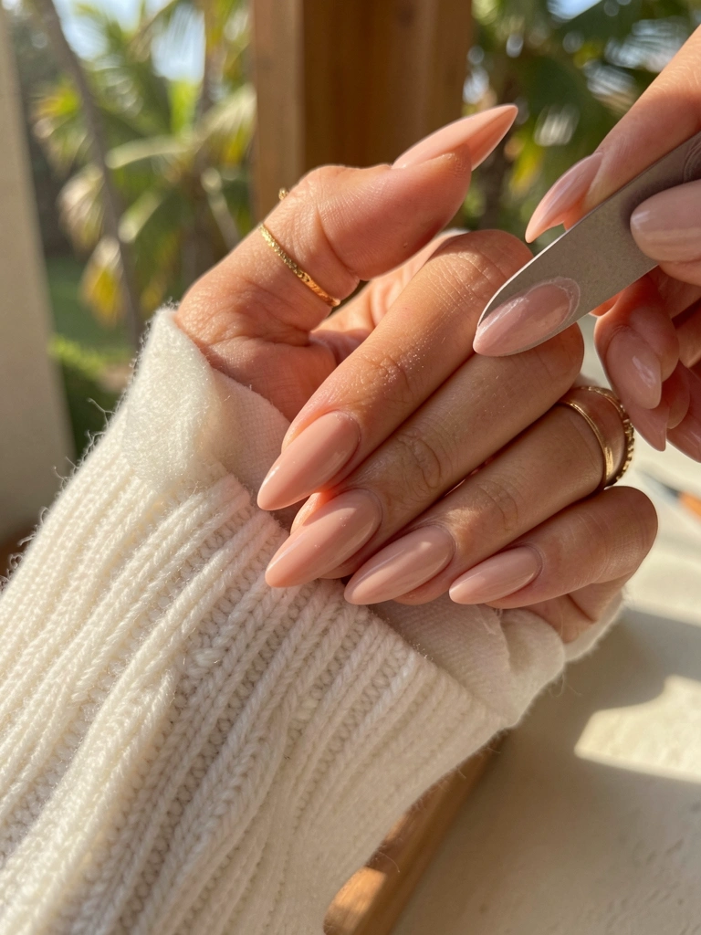 Mão feminina com unhas alongadas em nude rosado sendo lixadas, anel de ouro, sobre manga branca de tricô, luz natural filtrada.