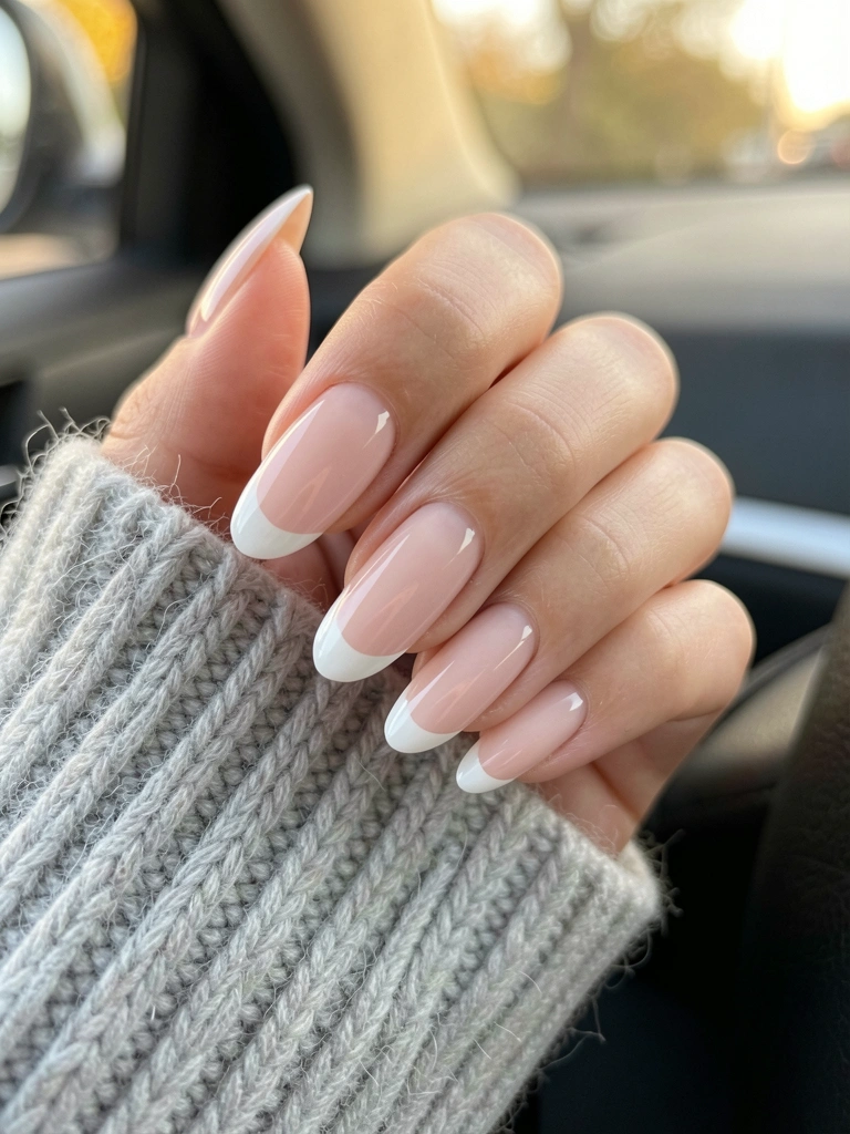 Mão feminina com unhas francesas rosadas e lã cinza claro, luz natural difusa e fundo desfocado de carro.