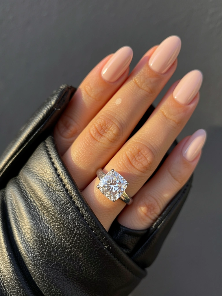 Mão feminina com unhas rosadas e anel de diamante em luva de couro preta, luz natural suave e fundo cinza desfocado.